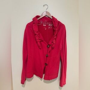 Lucky Brand Red Ruffled Button Jacket With Brown Buttons Size Large